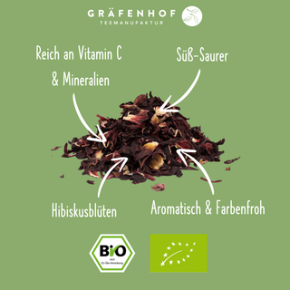 Der Inhalt unseres BIO Hibiskusblütentee bietet dir folgende Vorteile: Reich an Vitamin C & Mineralien, Süß-Saurer, Aromatisch & Farbenfroh und reine Hibiskusblüten ohne Zusatzstoffe.