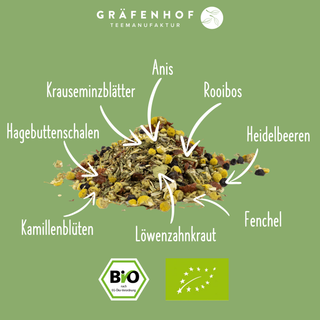 Die enthaltenen Kräuter des BIO Magenruhe Tees: Anis, Rooibos, Heidelbeeren, Fenchel, Löwenzahnkraut, Kamillenblüten, Hagebuttenschalen und Krauseminzblätter.