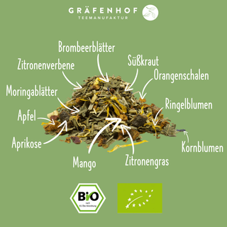 Die Zutaten unseres BIO Tropical Moringa Tee: Moringablätter, Zitronenverbene, Brombeerblätter, Süßkraut, Orangenschalen, Ringelblumen, Kornblumen, Zitronengras, Mango, Aprikose und Apfel.