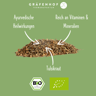 Die Vorteile unseres BIO Tulsi Tees: Ayurvedische Heilwirkungen, reich an Vitaminen & Mineralien und 100% reines BIO Tulsikraut.