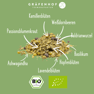 Die Zutaten des BIO Zeit für dich Tees: Ashwagandha, Kamillenblüten, Weißdornbeeren, Baldrianwurzel, Basilikum, Hopfenblüten, Lavendelblüten und Passionsblumenkraut.