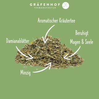 Die Inhaltsstoffe unseres Damianablätter Tees: 100% reine Damianablätter. Die Vorteile unseres Damianablätter Tees: beruhigt Magen & Seele, minzig im Geschmack und aromatischer Kräutertee Charakter.