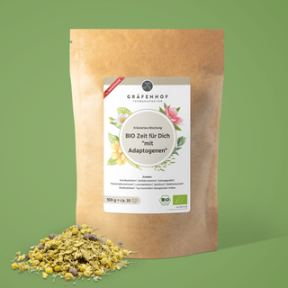 Die Vorderseite des BIO Zeit für dich Tees mit Ashwagandha, Baldrian, Kamillenblüten, Weißdornbeeren, Lavendelblüten, Hopfenblüten, Passionsblumenkraut und Basilikum. Unser Beruhigungstee mit BIO Zertifizierung.