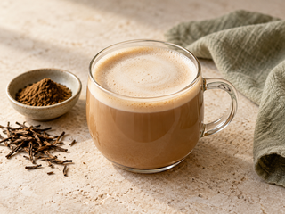 Hojicha Latte mit cremigem Milchschaum in einer Glastasse, daneben gerösteter Tee und Hojichapulver.