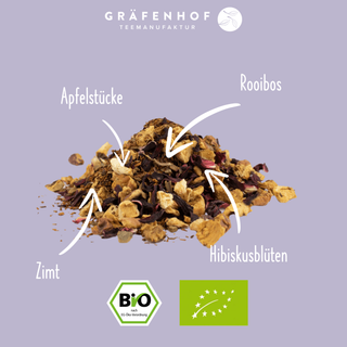 Das steckt in unserem BIO Apfel Zimt Tee: Apfelstücke, Rooibos, Hibiskusblüten und Zimt.