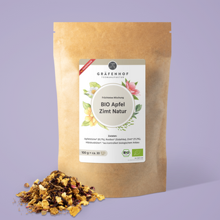 Die Vorderseite unseres BIO Apfel Zimt Tees - 30 Portionen von purem Wintergenuss