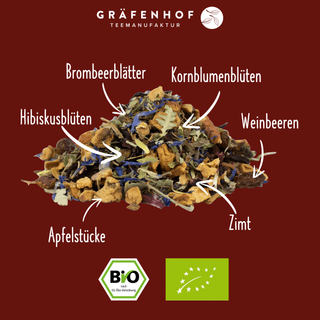 Die Inhaltsstoffe unseres BIO Bratapfel Tees sind: Apfelstücke, Hibiskusblüten, Brombeerblätter, Kornblumenblüten, Weinbeeren & Zimt.