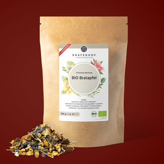 Die Vorderseite unseres süßen BIO Bratapfel Tees - 100g (ca. 30 Portionen) bio-zertifizierter Tee aus Deutschland