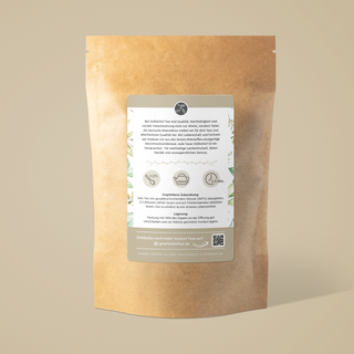 Die Rückseite des BIO english breakfast Tee enthält Informationen über die Zubereitung: 1-2 TL der Teemischung mit 200ml kochend heißem Wasser (100°C) übergießen und 3-5 Minuten ziehen lassen. Nach kurzer Abkühlungsphase ist der english breakfast Tee fertig bereit zum genießen.