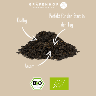 Die Vorteile unseres BIO english breakfast Tees: Kräftig im Geschmack, perfekt für den Start in den Tag und reiner Assam.
