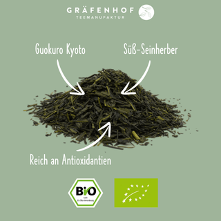 Die Eigenschaften unsers BIO Japan Gyokuro Kyoto Tees: 100% reiner Guokuro Kyoto, süß-seinherber Geschmack und reich an Antioxidantien.