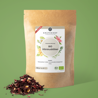 Die Vorderseite des BIO Hibiskusblütentee - Zutaten: Hibiskusblüten aus 100% kontrolliert biologischem Anbau.