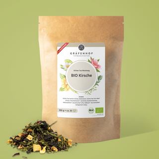 Die Vorderseite unseres BIO Kirschtees - 30 Portionen BIO zertifizierter Grüntee Genuss mit BIO Kirsche