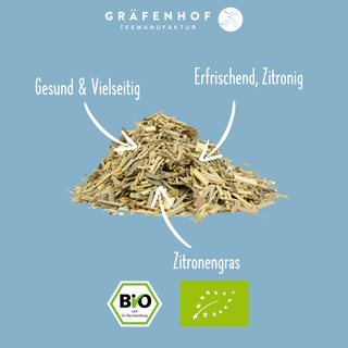 Die Vorteile unseres Lemongrastee aus BIO Zitronengras: Gesund & vielseitig, erfrischend & zitronig dank reinem Zitronengras aus biologischem Anbau.