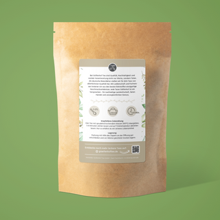 Rückseite des BIO Magenruhe Tees - Die Zubereitung: 1-2 TL der Kräutertee Mischung mit 200ml kochendem Wasser abgießen und 5-8 Minuten ziehen lassen. 
