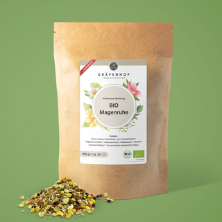 Vorderseite des BIO Magenruhe Tees: Unsere magenberuhigende Kräutertee Mischung enthält 30 Portionen