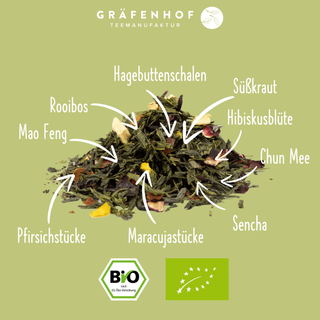 Daraus besteht unser BIO Maracuja Pfirsich Mango Tee: Hagebuttenschalen, Süßkraut, Hibiskusblüte, Chun Mee, Sencha, Maracujastücke, Pfirsichstücke, Mao Feng und Rooibos. 