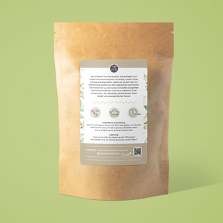 Die Rückseite des BIO Maracuja Pfirsich Mango Tees enthält Informationen zur Zubereitung: 1-2 TL der Teemischung mit 200ml heißem Wasser (70-80°C) übergießen und 2-3 Minuten ziehen lassen. Anschließend noch abkühlen lassen und genießen.