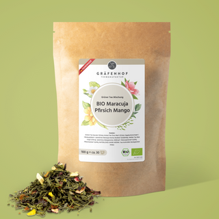 Die Vorderseite unseres BIO Maracuja Pfirsich Mango Tees