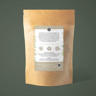 Die Rückseite unseres China Milky Oolong Tee. Die Zubereitung: 1-2 Teelöffel des Milky Oolong Tees mit 200 Milliliter heißem Wasser (70-80 Grad Celcius) aufgießen und 2-4 Minuten lang ziehen lassen. 