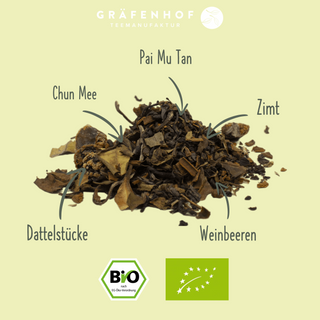 Die Vorteile des BIO Birnentees: Chun Mee, Pai Mu Tan, Zimt, Weinbeeren und Dattelstücke.